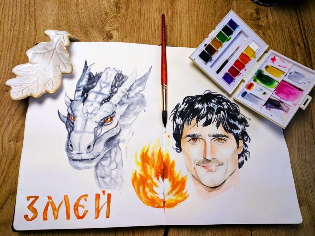 Watercolour illustration showing the zmei and the human companion from another angle, their warm orange, ember-like eyes reflecting one another